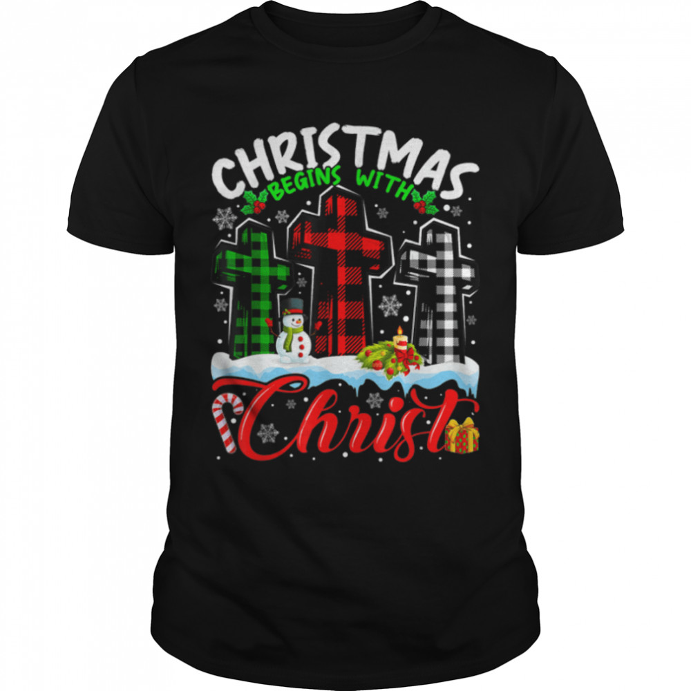 Christmas Plad Begins With Christ Snowman Christian Cross T- B0BN17TB6C Classic Men's T-shirt