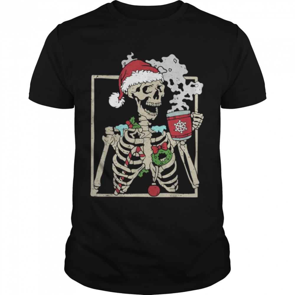 Christmas Skeleton With Smiling Skull Drinking Coffee Latte T- B0BN18X8RZ Classic Men's T-shirt