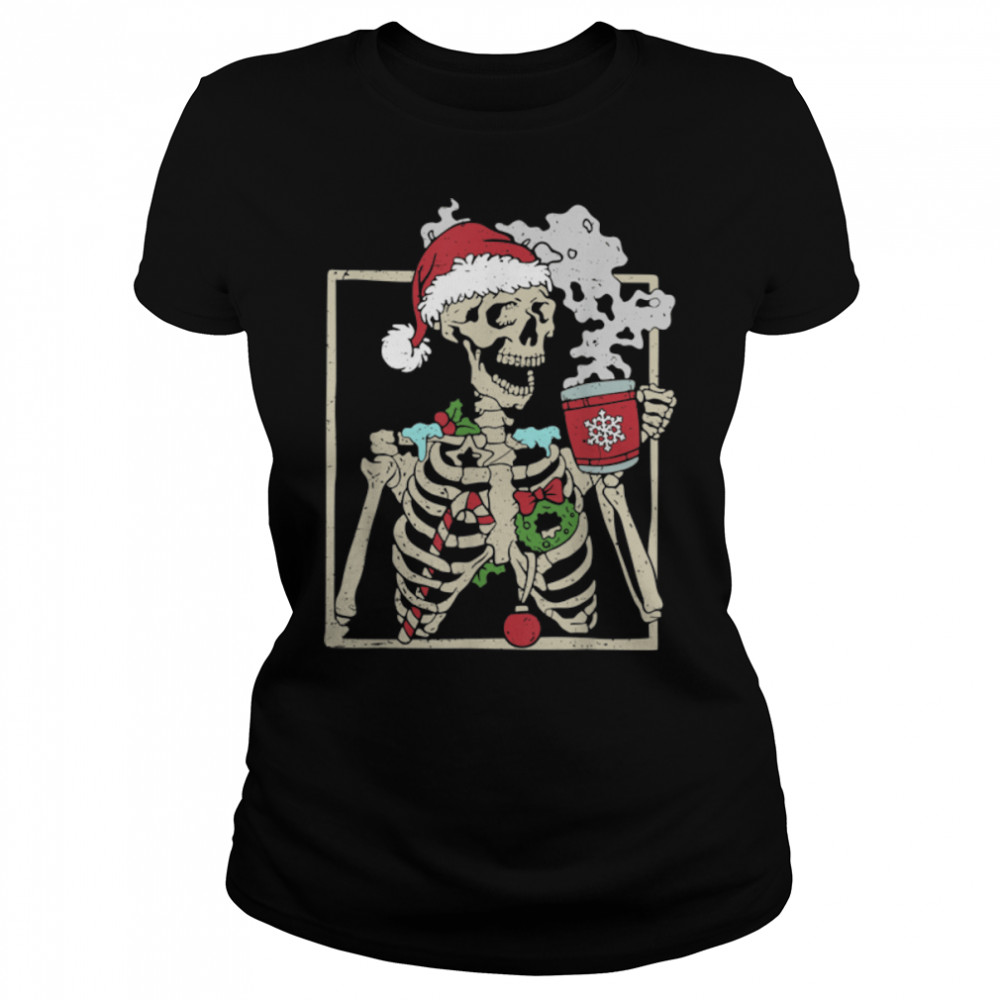Christmas Skeleton With Smiling Skull Drinking Coffee Latte T- B0BN18X8RZ Classic Women's T-shirt