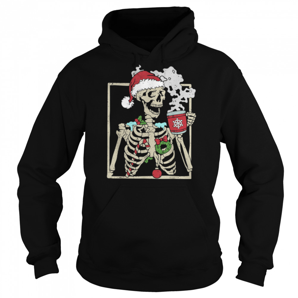 Christmas Skeleton With Smiling Skull Drinking Coffee Latte T- B0BN18X8RZ Unisex Hoodie