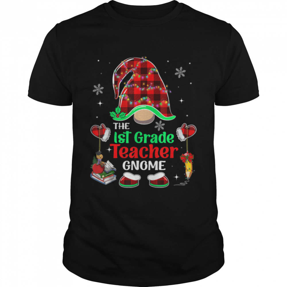 The 1st Grade Teacher Gnome Christmas Lights Buffalo Plaid T- B0BN1KWS9K Classic Men's T-shirt