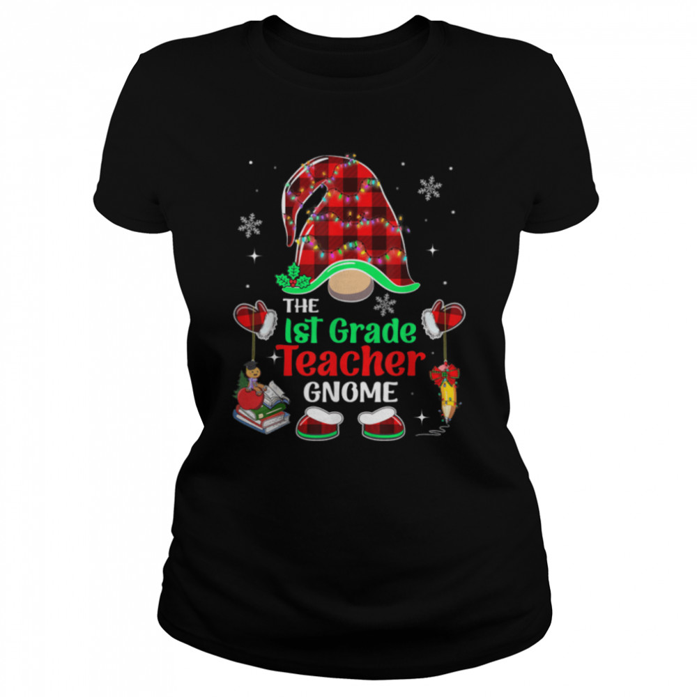The 1st Grade Teacher Gnome Christmas Lights Buffalo Plaid T- B0BN1KWS9K Classic Women's T-shirt