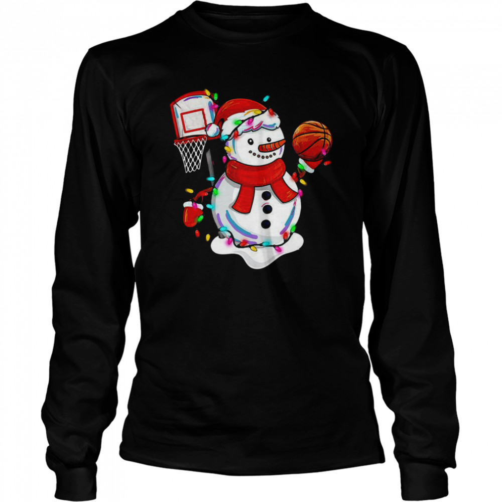 Snowman Playing Basketball Merry Christmas Light shirt Long Sleeved T-shirt