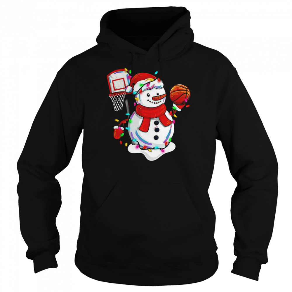 Snowman Playing Basketball Merry Christmas Light shirt Unisex Hoodie