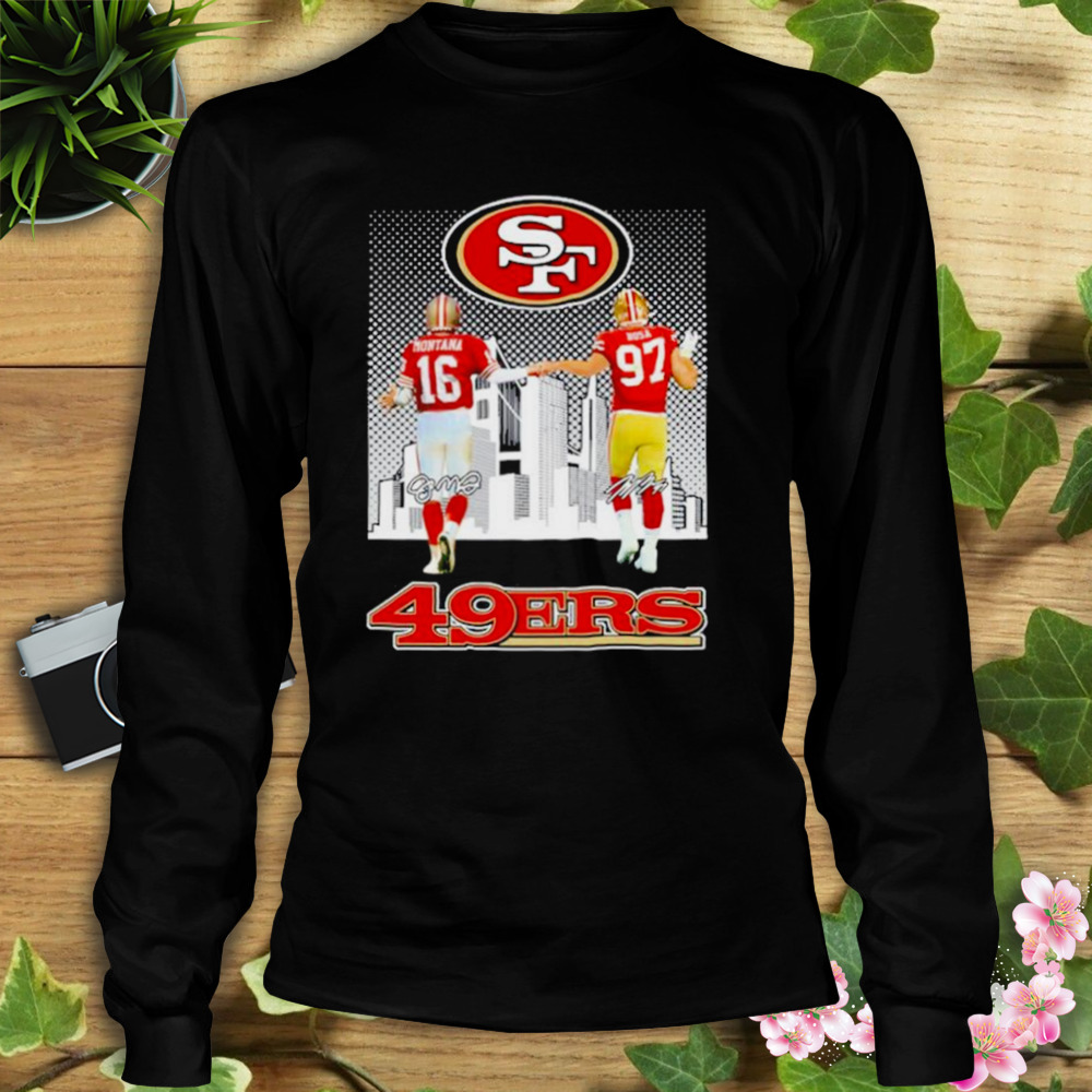 San Francisco 49ers Joe Montana and Nick Bosa city skyline