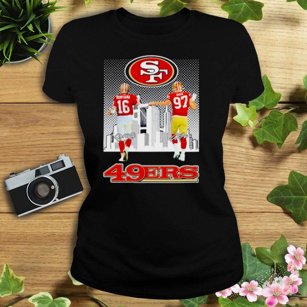 San Francisco 49ers Joe Montana and Nick Bosa city skyline