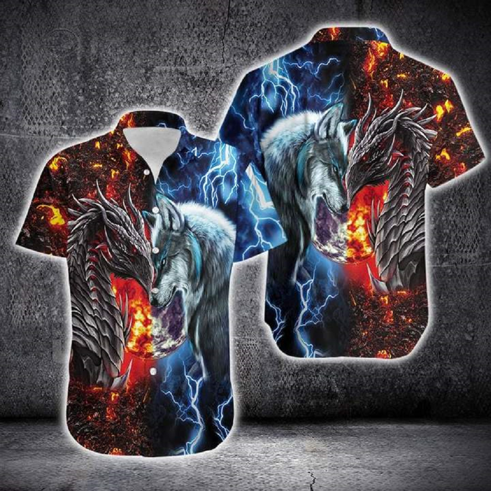 Dragon And Wolf 3D All Over Printed Hawaiian Shirt