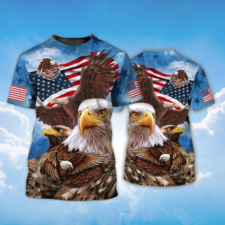 American Flag Flying Bald Eagle American Pride 3D T-Shirt