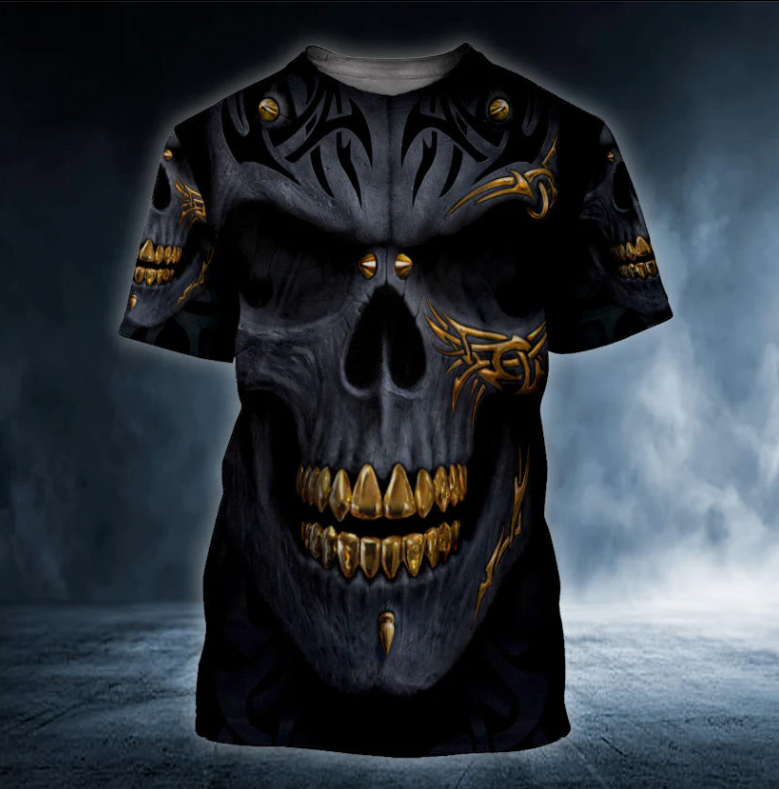 Black Gold Demon Skull 3D Printed T Shirt
