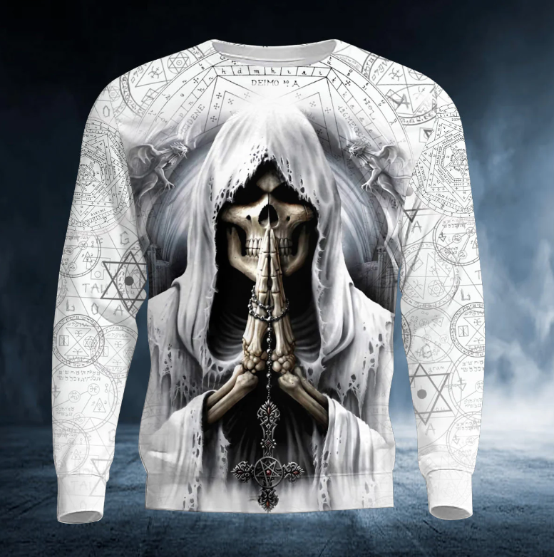 Grim Reaper Pray Skull White 3D Printed T Shirt