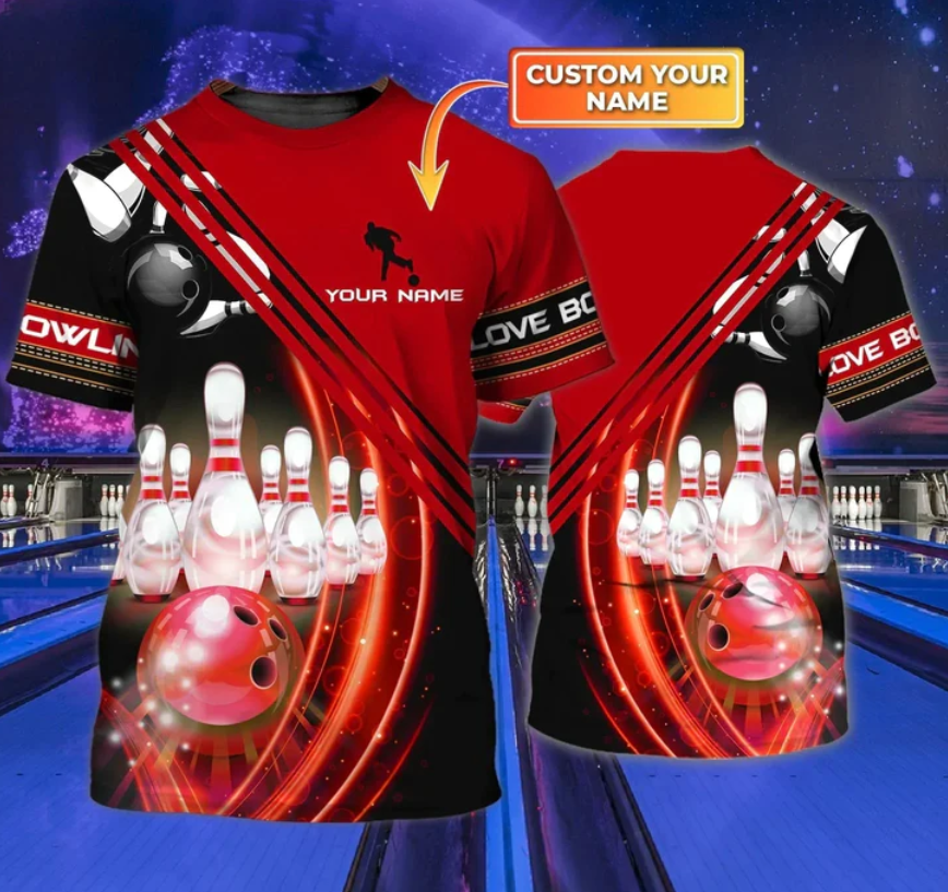 Personalized With Name Red Bowling Custom Bowling Gift For Bowling Lover 3D T-shirt