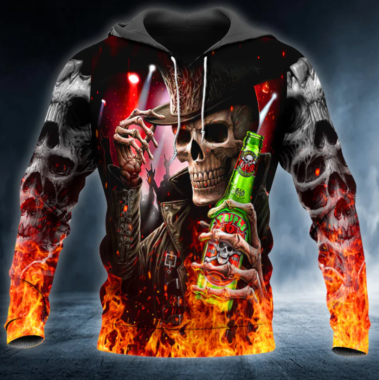 Punk Rock Heavy Metal Drinker Cowboy Fire Skull 3D Printed T Shirt