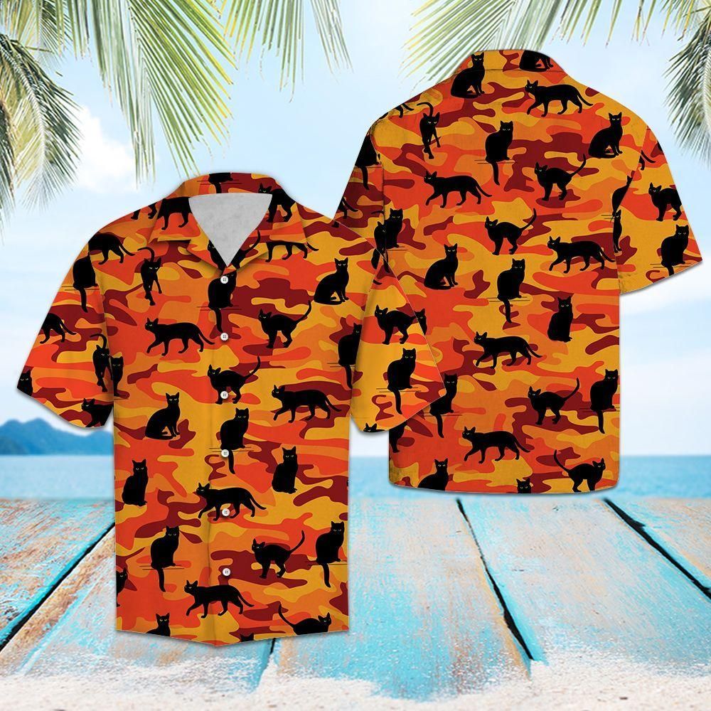 Black Cat Camo Aloha Hawaiian Shirt Colorful Short Sleeve Summer Beach Casual Shirt For Men And Women