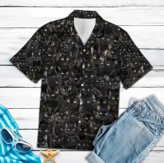 Black Cat Full Print Aloha Hawaiian Shirt Colorful Short Sleeve Summer Beach Casual Shirt For Men And Women