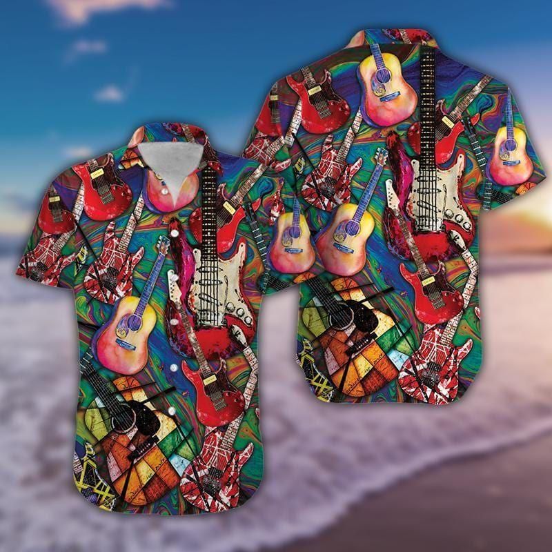 Colorful Art Love Guitar Aloha Hawaiian Shirt Colorful Short Sleeve Summer Beach Casual Shirt For Men And Women