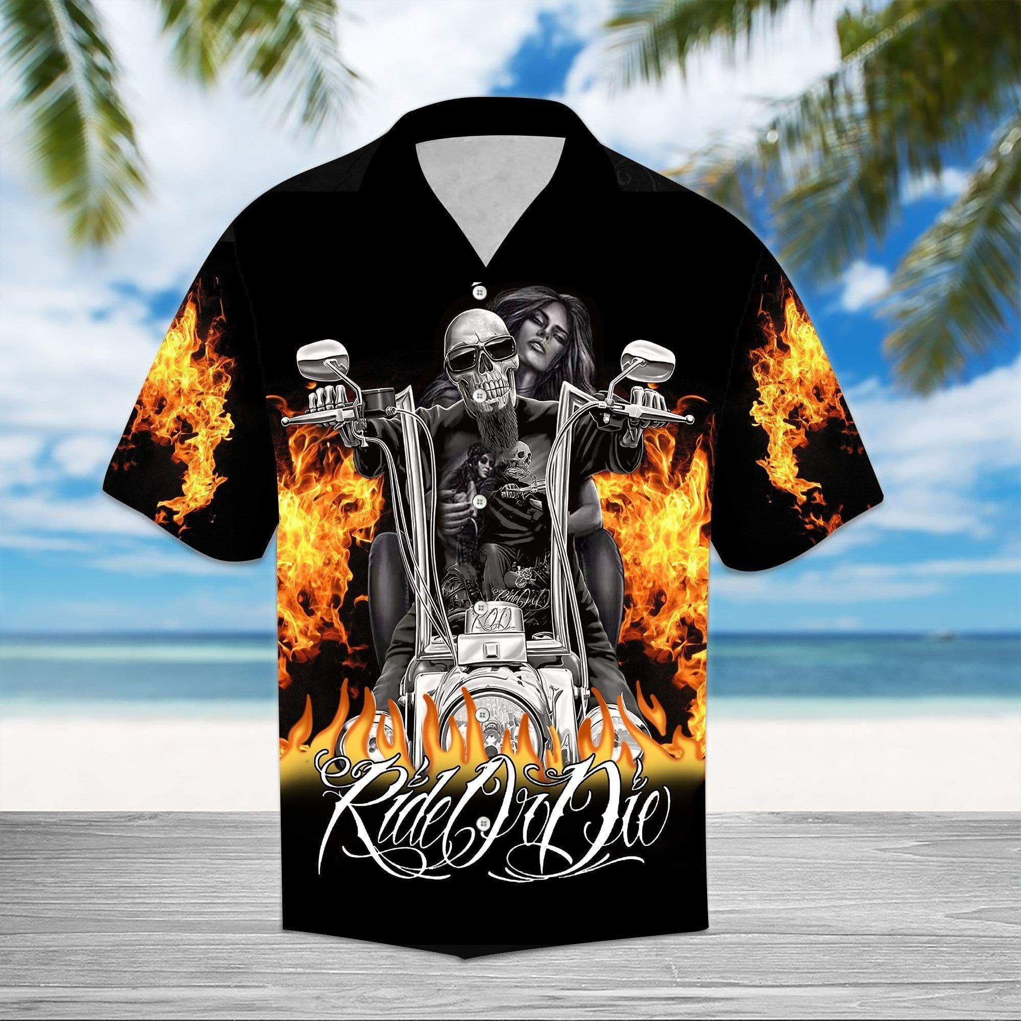 Flame American Motorcycles Gothic Skull Ride Or Die Aloha Hawaiian Shirt Colorful Short Sleeve Summer Beach Casual Shirt For Men And Women