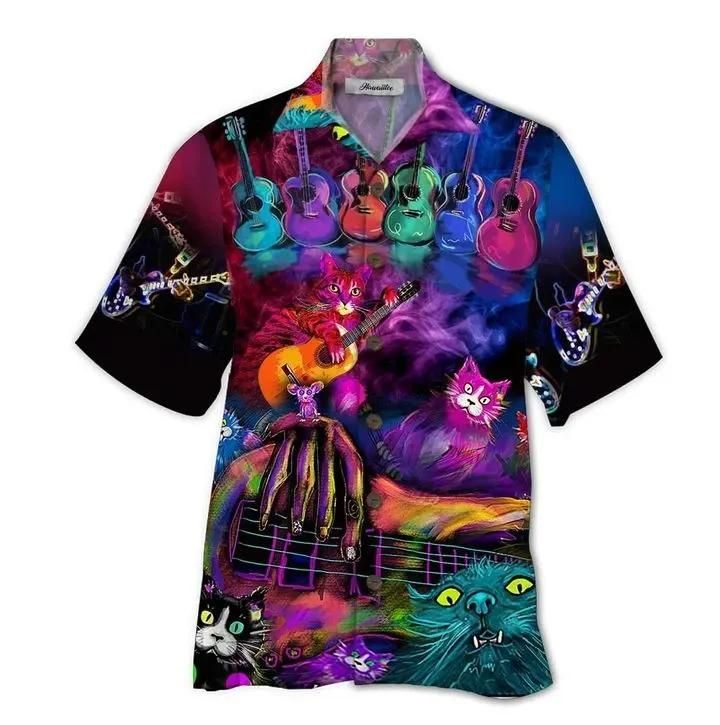 Guitar Cat Aloha Hawaiian Shirt Colorful Short Sleeve Summer Beach Casual Shirt For Men And Women