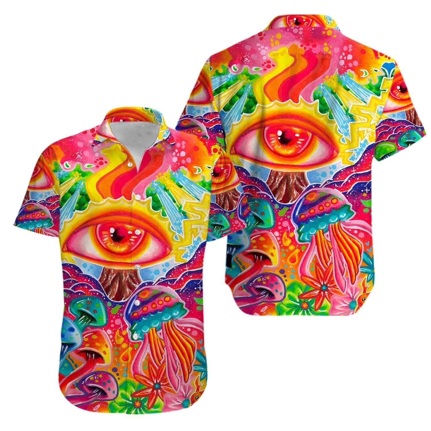 Hippie Magic Mushrooms Psychedelic Hallucination Aloha Hawaiian Shirt Colorful Short Sleeve Summer Beach Casual Shirt For Men And Women