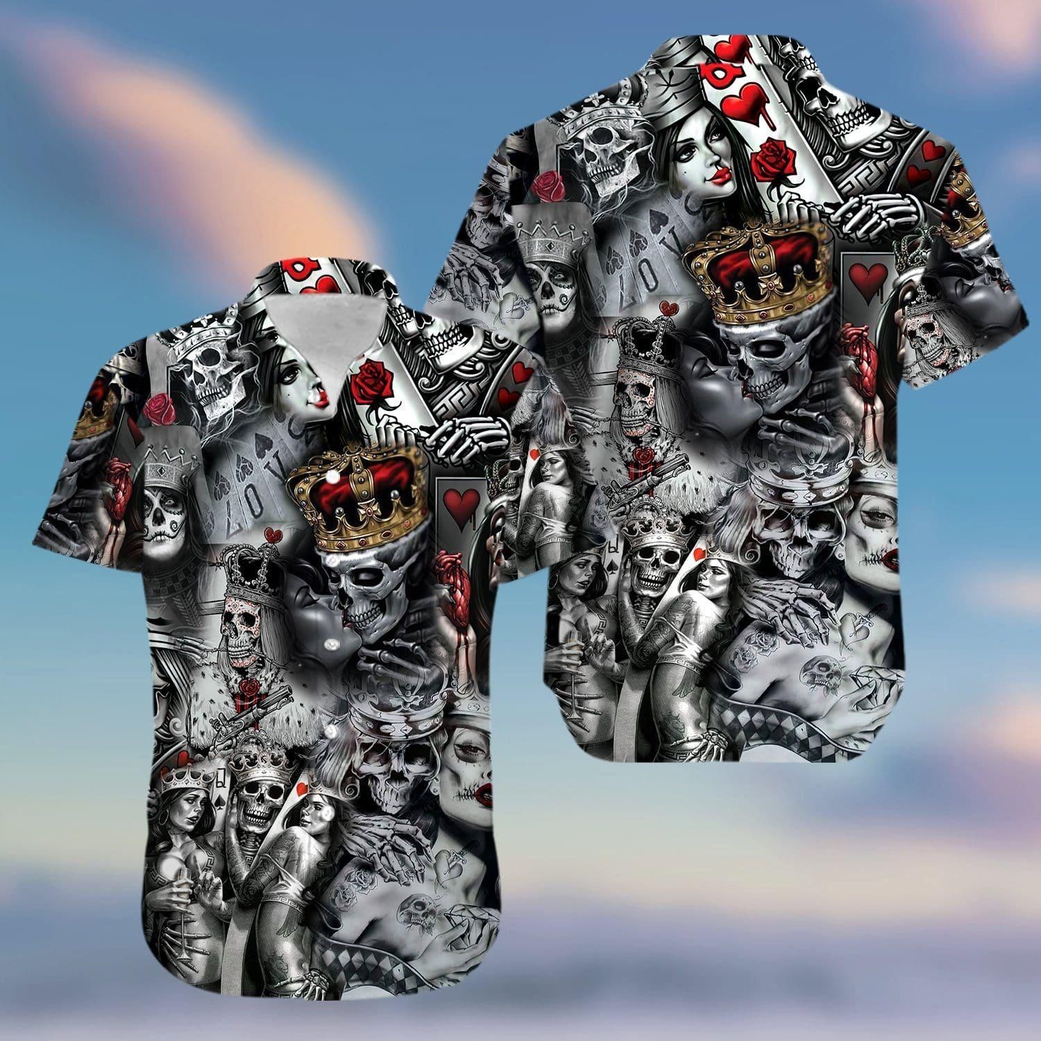 Love Is Blind Poker Skull Aloha Hawaiian Shirt Colorful Short Sleeve Summer Beach Casual Shirt For Men And Women