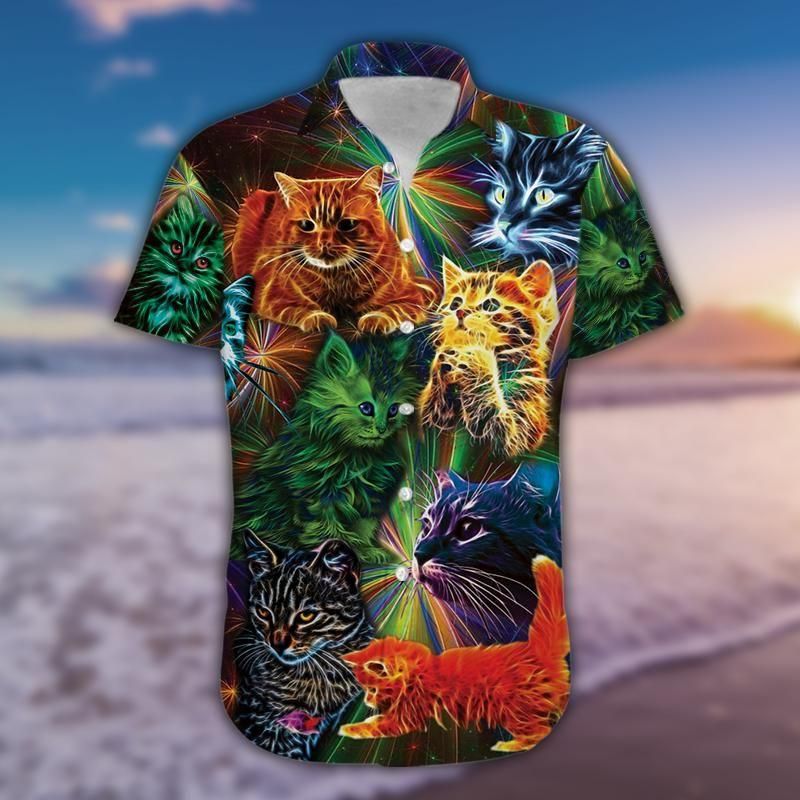 Neon Light Colorful Cat Aloha Hawaiian Shirt Colorful Short Sleeve Summer Beach Casual Shirt For Men And Women