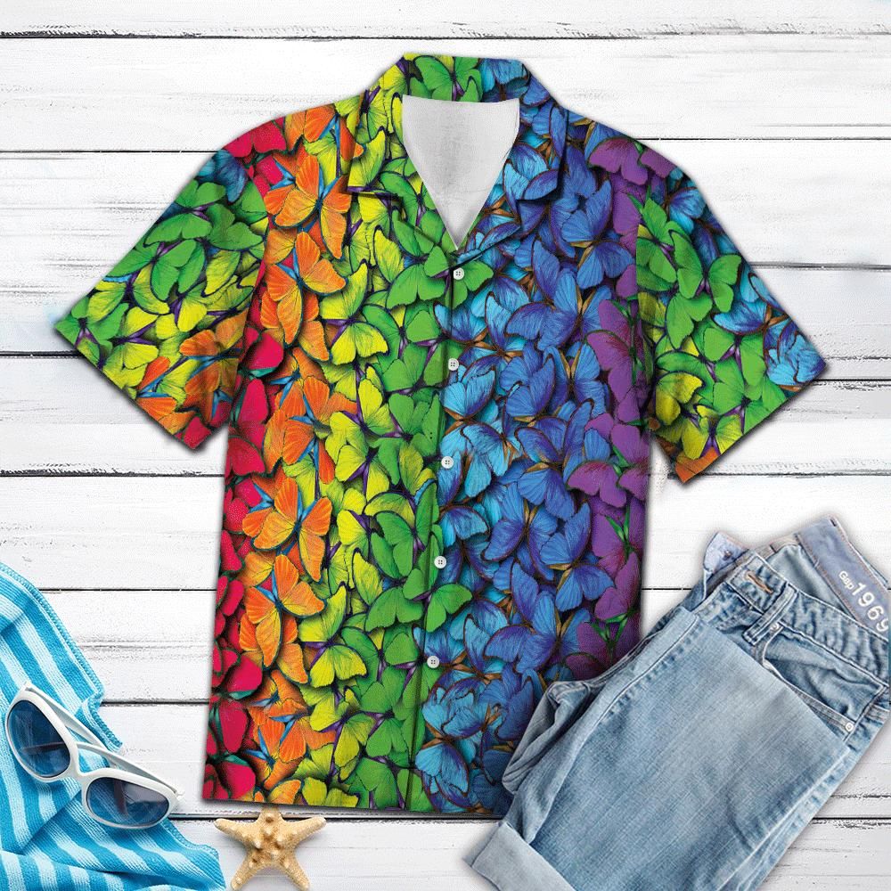 Rainbow Butterfly Aloha Hawaiian Shirt Colorful Short Sleeve Summer Beach Casual Shirt For Men And Women