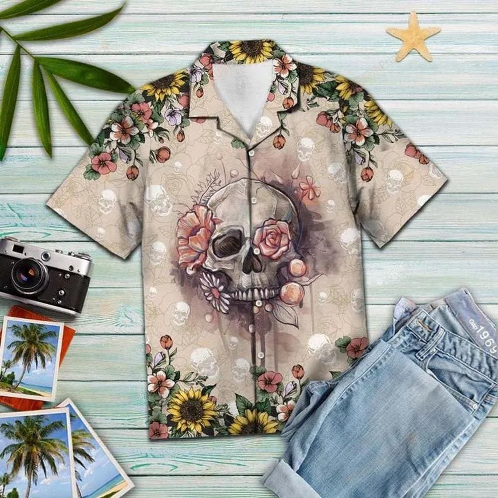 Skull And Flower Aloha Hawaiian Shirt Colorful Short Sleeve Summer Beach Casual Shirt For Men And Women