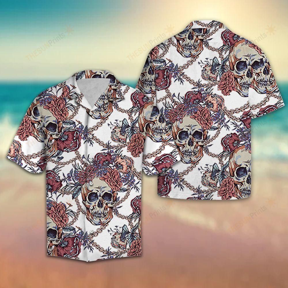 Skull With Roses Chains Aloha Hawaiian Shirt Colorful Short Sleeve Summer Beach Casual Shirt For Men And Women