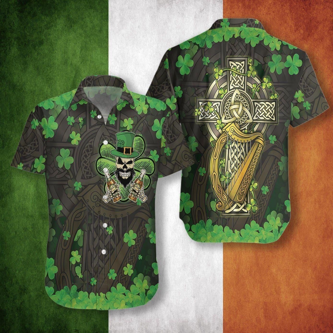 Beer And Skull Proud Irish People Celtic Cross Harp Patrick Aloha Hawaiian Shirt Colorful Short Sleeve Summer Beach Casual Shirt For Men And Women