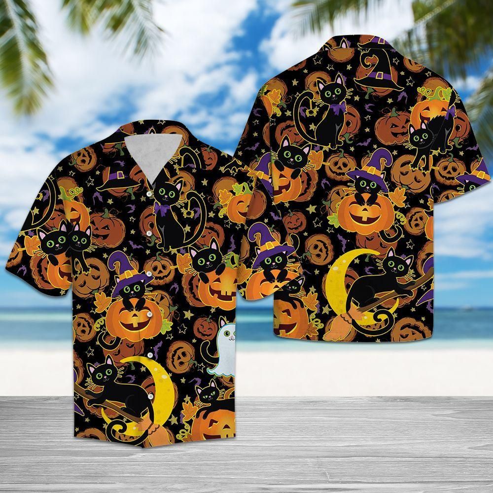 Black Cat Halloween Aloha Hawaiian Shirt Colorful Short Sleeve Summer Beach Casual Shirt For Men And Women