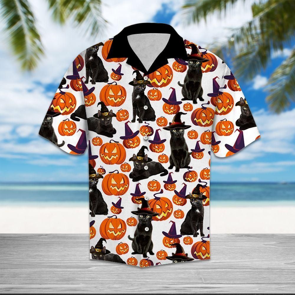 Black Cat Pumpkin Aloha Hawaiian Shirt Colorful Short Sleeve Summer Beach Casual Shirt For Men And Women