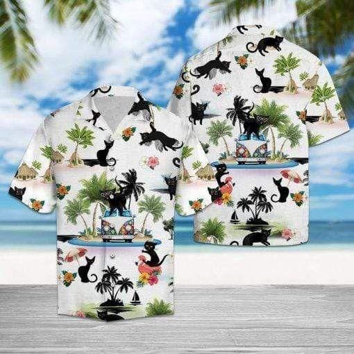 Black Cat Tropical Aloha Hawaiian Shirt Colorful Short Sleeve Summer Beach Casual Shirt For Men And Women