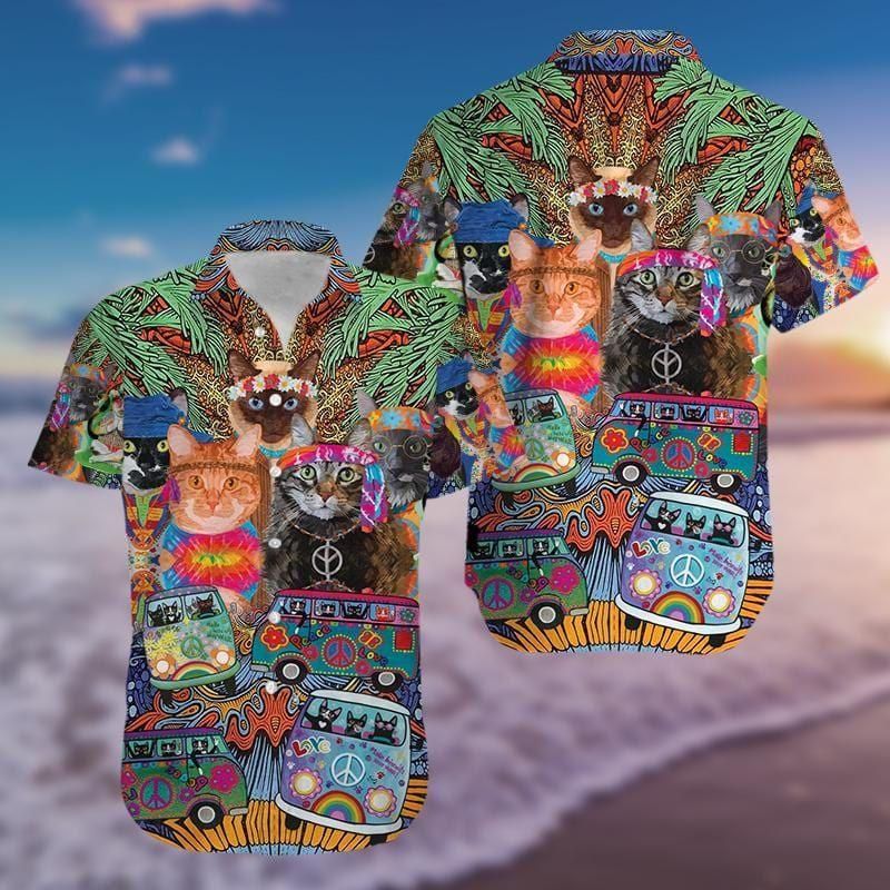 Colorful Hippie Van And Cat Aloha Hawaiian Shirt Colorful Short Sleeve Summer Beach Casual Shirt For Men And Women