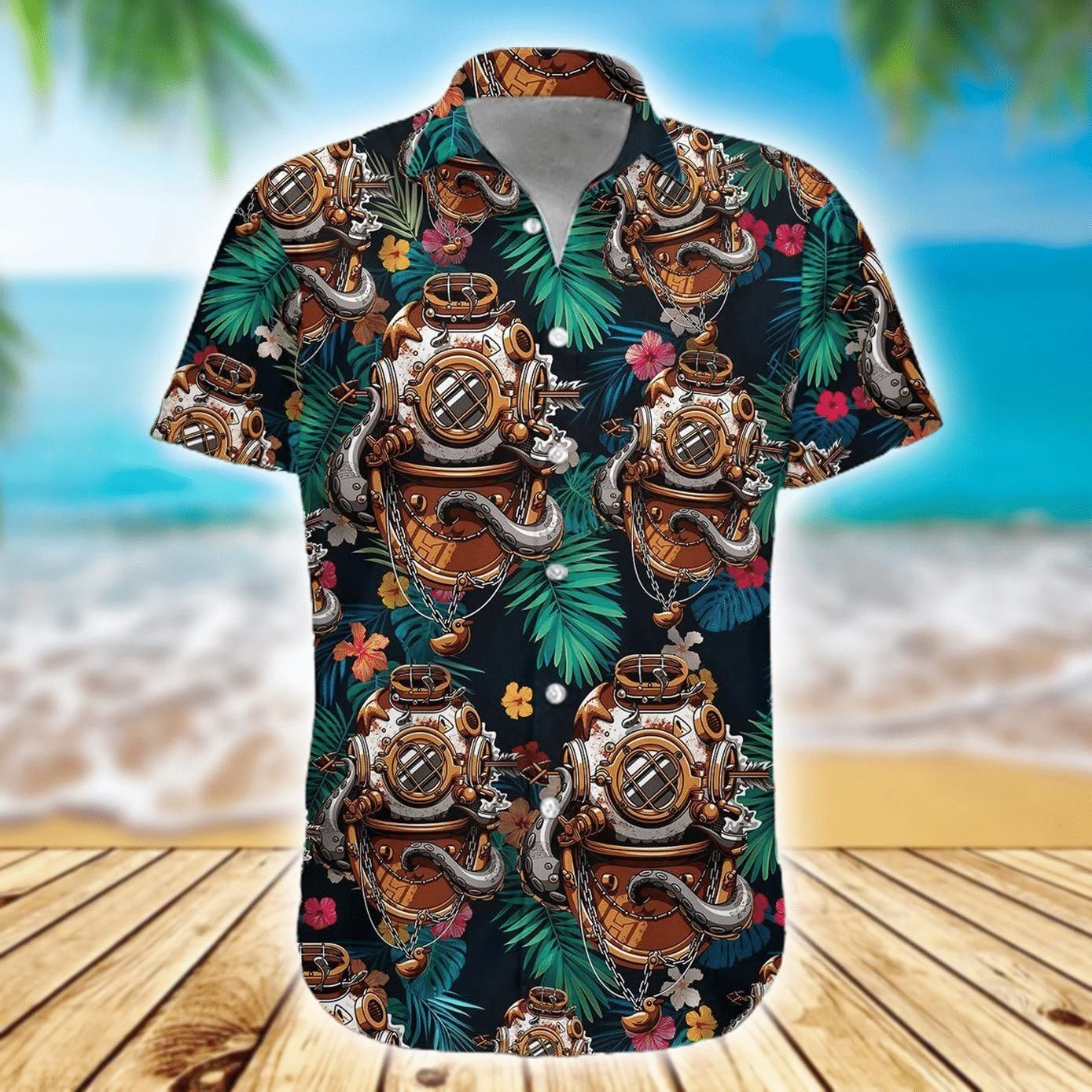 Diving Helmet Aloha Hawaiian Shirt Colorful Short Sleeve Summer Beach Casual Shirt For Men And Women