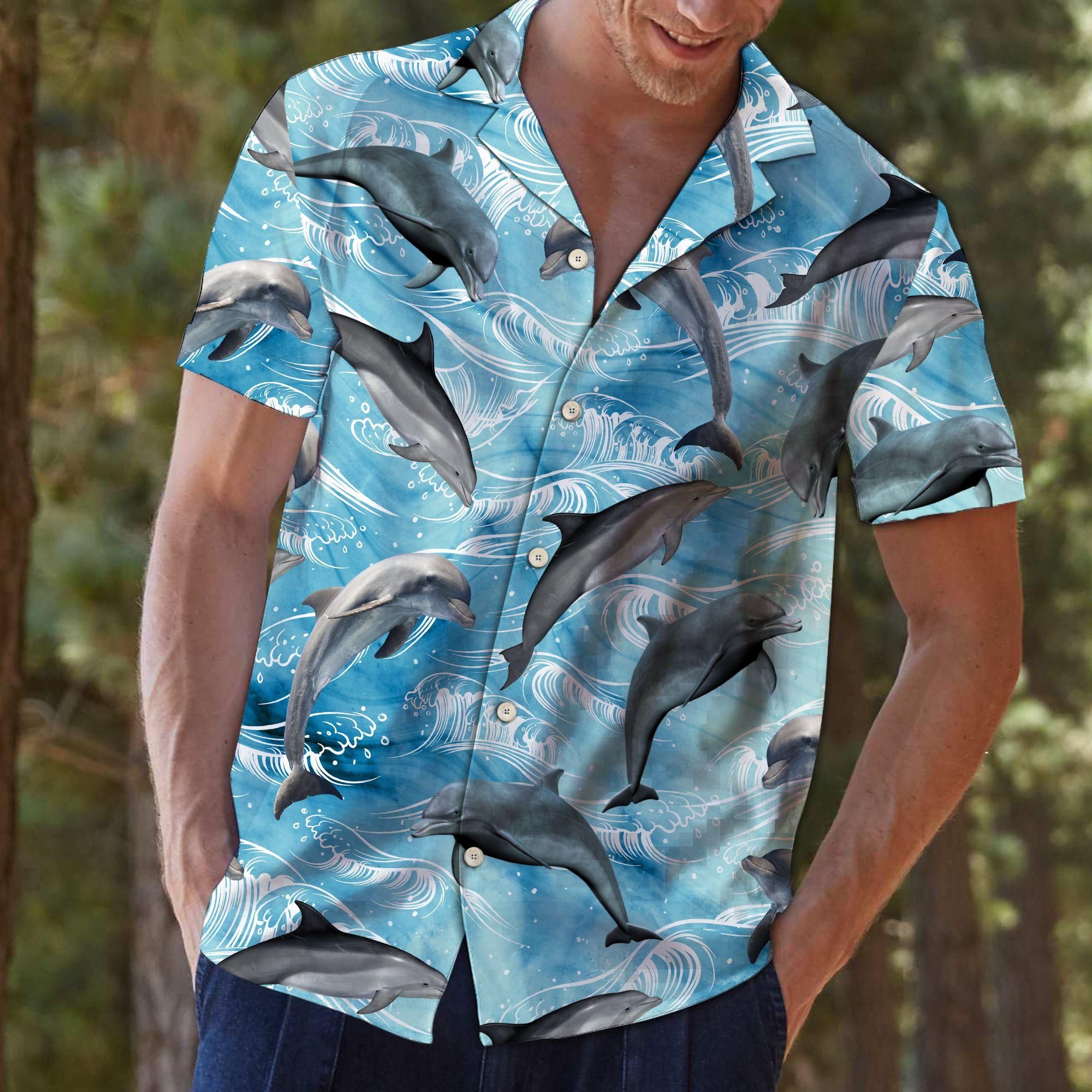 Dolphin Wave Water Aloha Hawaiian Shirt Colorful Short Sleeve Summer Beach Casual Shirt For Men And Women