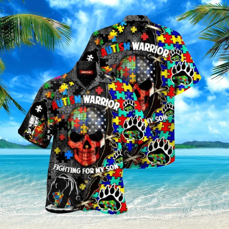 For My Son Warrior Fighting Autism Awareness Aloha Hawaiian Shirt Colorful Short Sleeve Summer Beach Casual Shirt For Men And Women