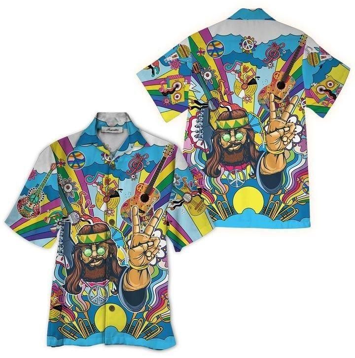 Guitar Hippie Aloha Hawaiian Shirt Colorful Short Sleeve Summer Beach Casual Shirt For Men And Women