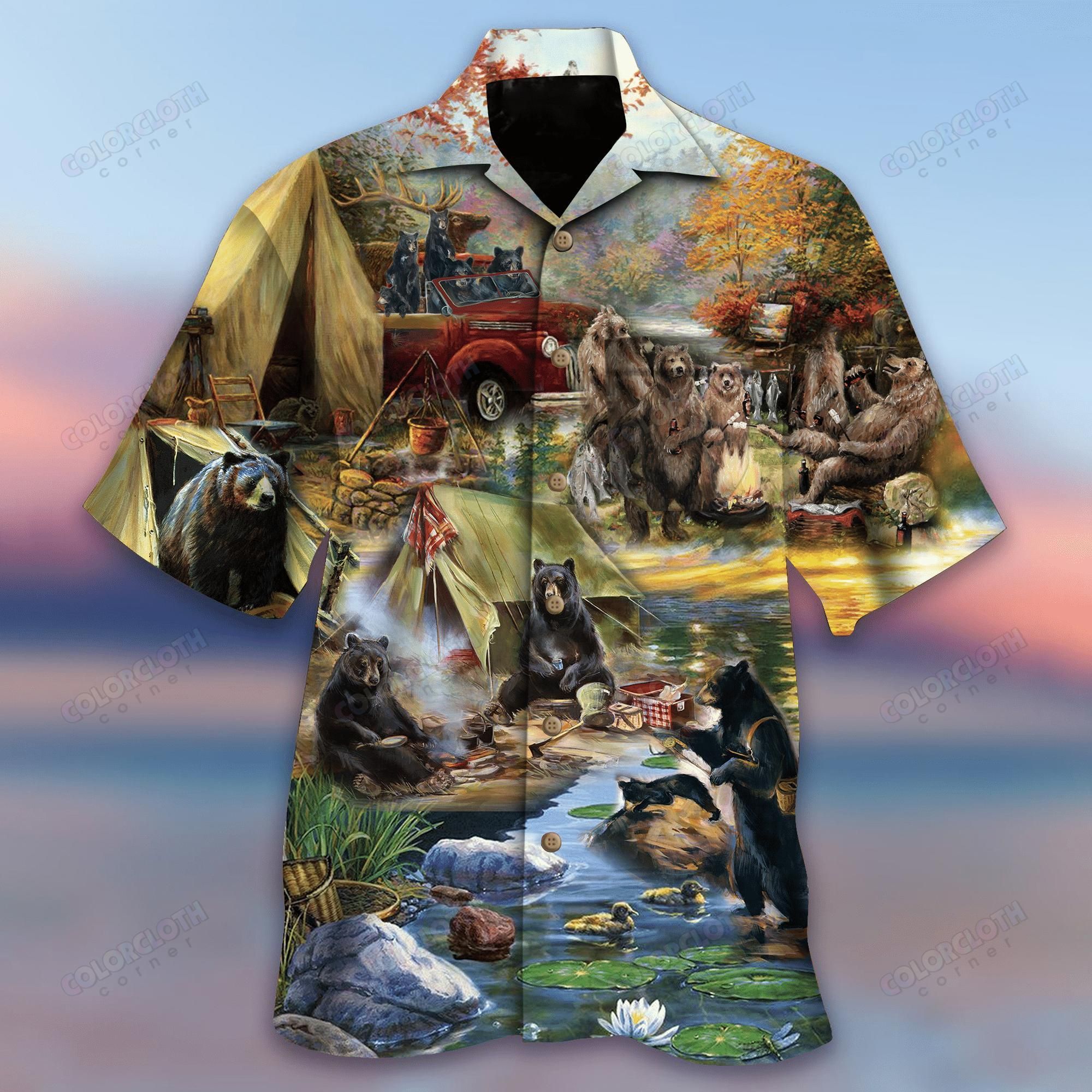 Let'S Go Camping Bear Aloha Hawaiian Shirt Colorful Short Sleeve Summer Beach Casual Shirt For Men And Women