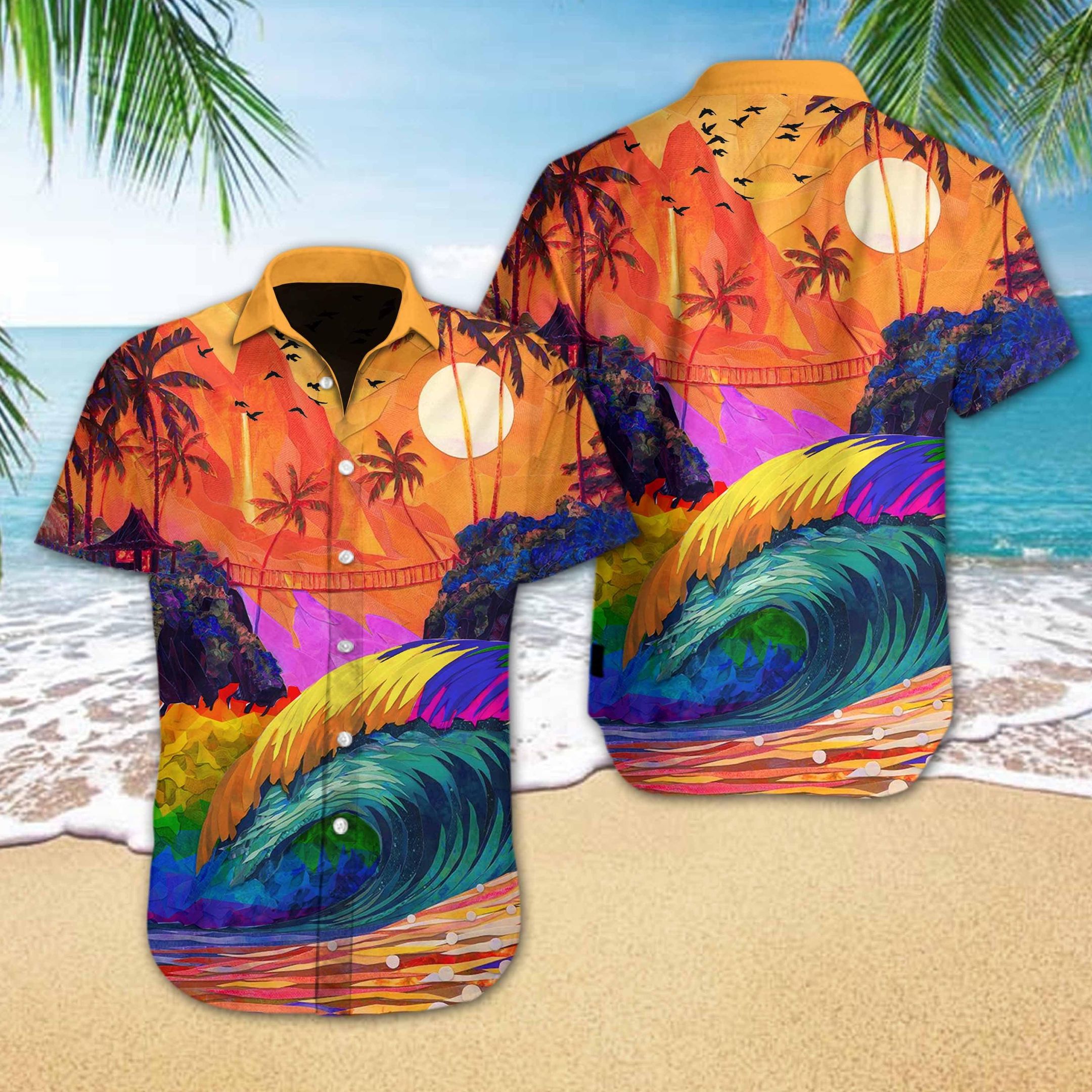 Lgbt Pride Sunset Aloha Hawaiian Shirt Colorful Short Sleeve Summer Beach Casual Shirt For Men And Women