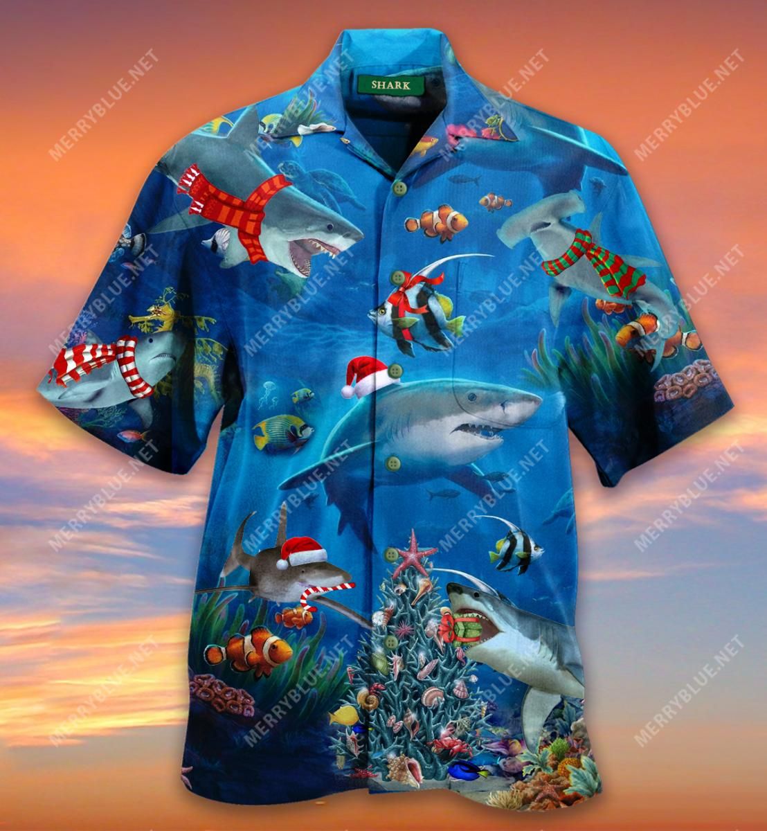 Merry Shark Xmas Aloha Hawaiian Shirt Colorful Short Sleeve Summer Beach Casual Shirt For Men And Women