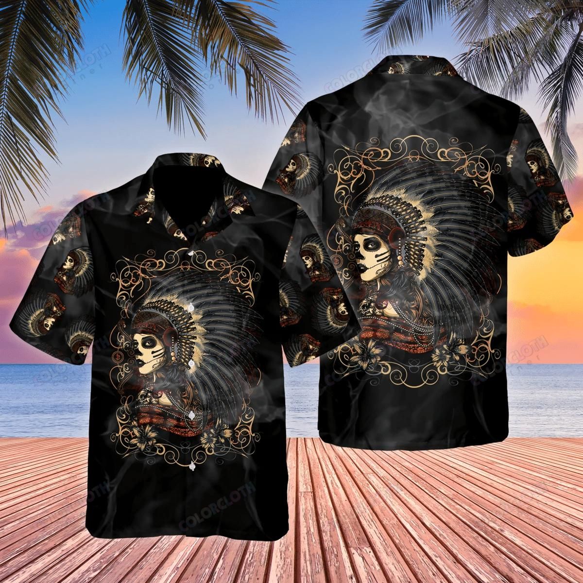 Native Girl Skull Aloha Hawaiian Shirt Colorful Short Sleeve Summer Beach Casual Shirt For Men And Women