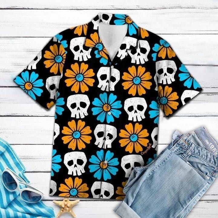 Simple Skull Flowers Aloha Hawaiian Shirt Colorful Short Sleeve Summer Beach Casual Shirt For Men And Women