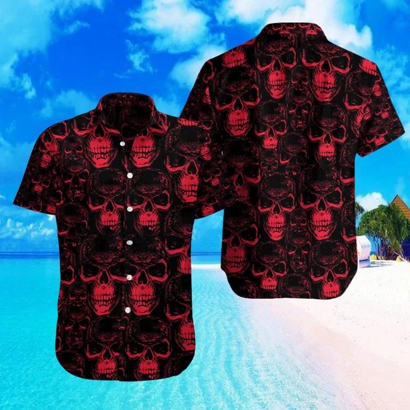 Skull Red Aloha Hawaiian Shirt Colorful Short Sleeve Summer Beach Casual Shirt For Men And Women