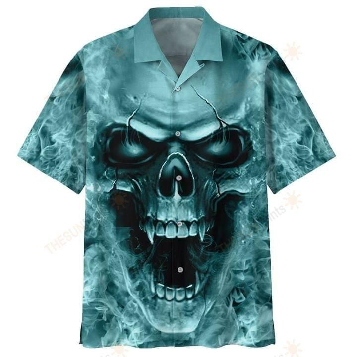 Skulls Turquoise Aloha Hawaiian Shirt Colorful Short Sleeve Summer Beach Casual Shirt For Men And Women