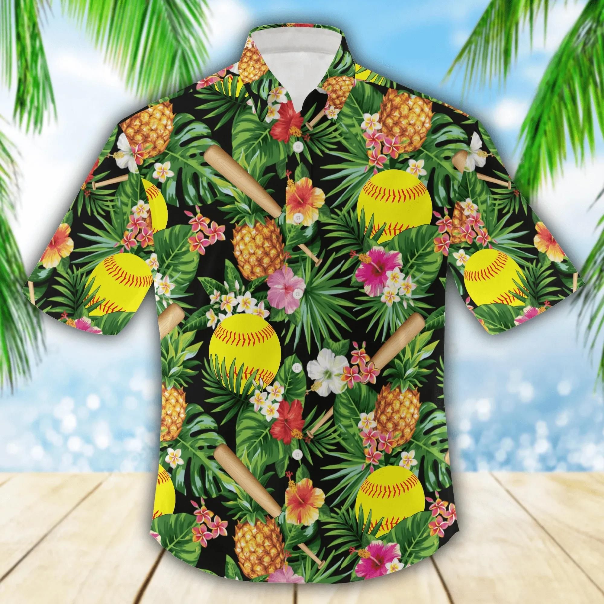 Softball Pineapple Tropical Aloha Hawaiian Shirt Colorful Short Sleeve Summer Beach Casual Shirt For Men And Women