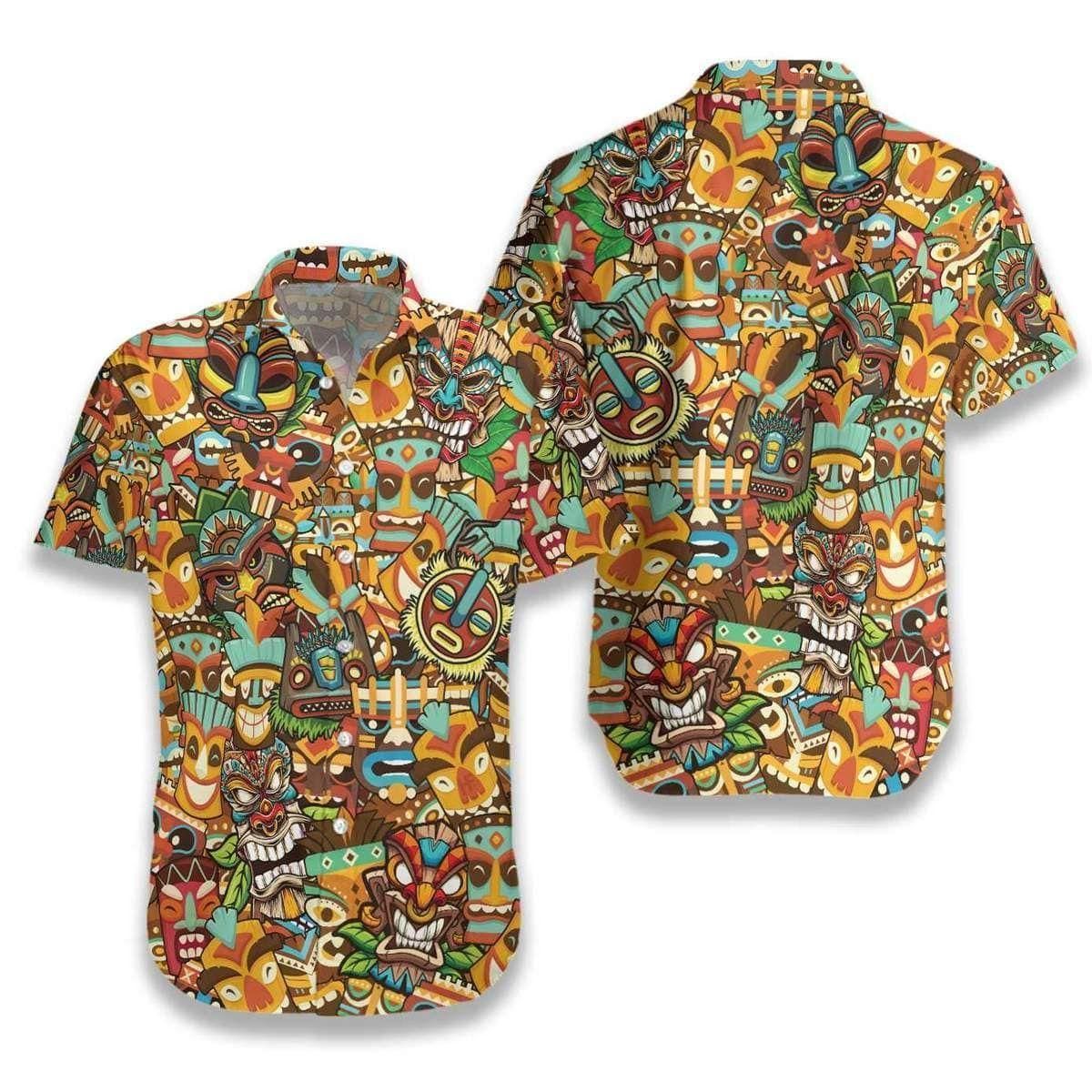 Tiki Pattern Aloha Hawaiian Shirt Colorful Short Sleeve Summer Beach Casual Shirt For Men And Women