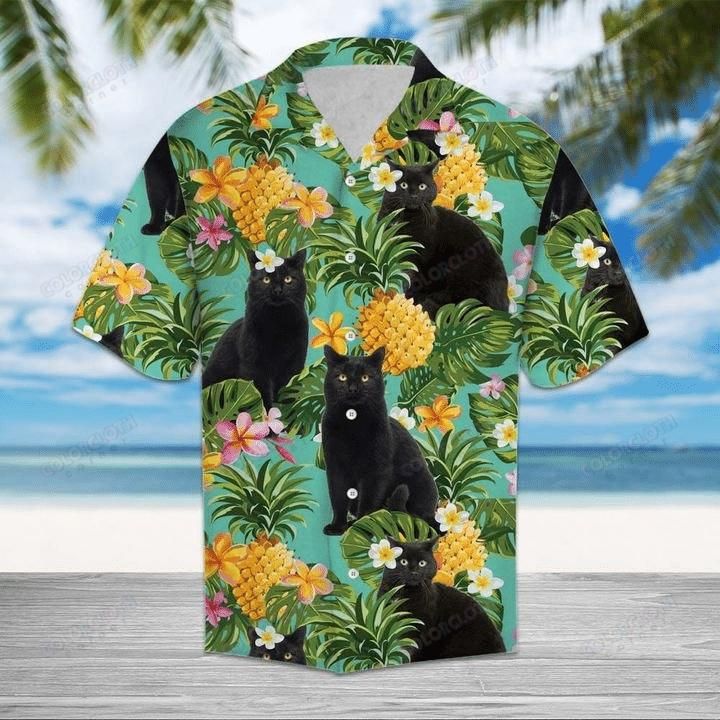 Tropical Pineapple Black Cat Aloha Hawaiian Shirt Colorful Short Sleeve Summer Beach Casual Shirt For Men And Women