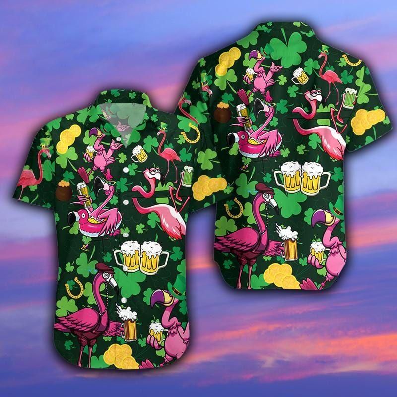 Flamingo Drink Beer On Saint Patrick'S Day Pink Aloha Hawaiian Shirt Colorful Short Sleeve Summer Beach Casual Shirt For Men And Women