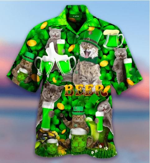 Funny Cat With Beer On Saint Patrick'S Day Aloha Hawaiian Shirt Colorful Short Sleeve Summer Beach Casual Shirt For Men And Women