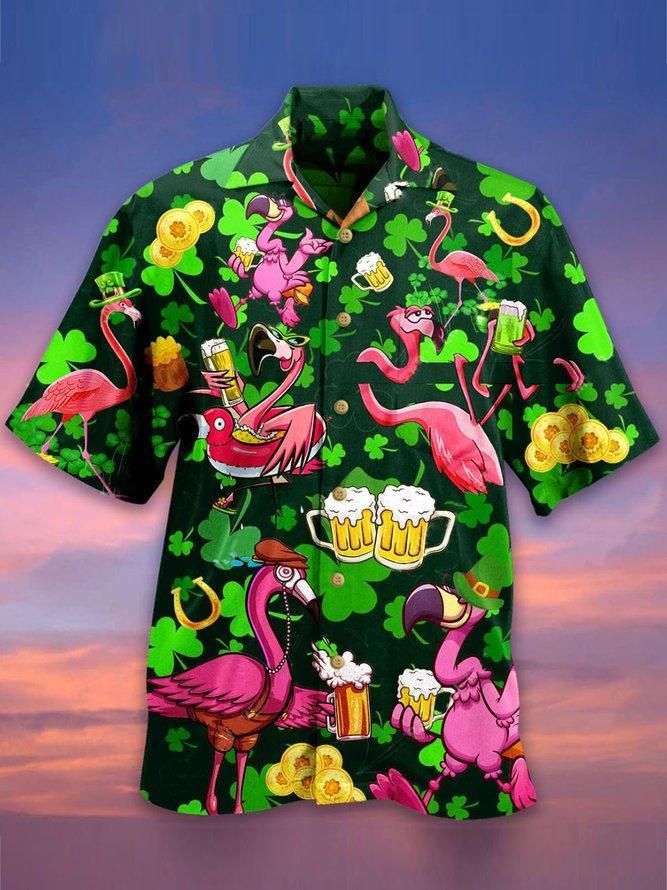 Flamingo And Beer Patrick'S Day Aloha Hawaiian Shirt Colorful Short Sleeve Summer Beach Casual Shirt For Men And Women