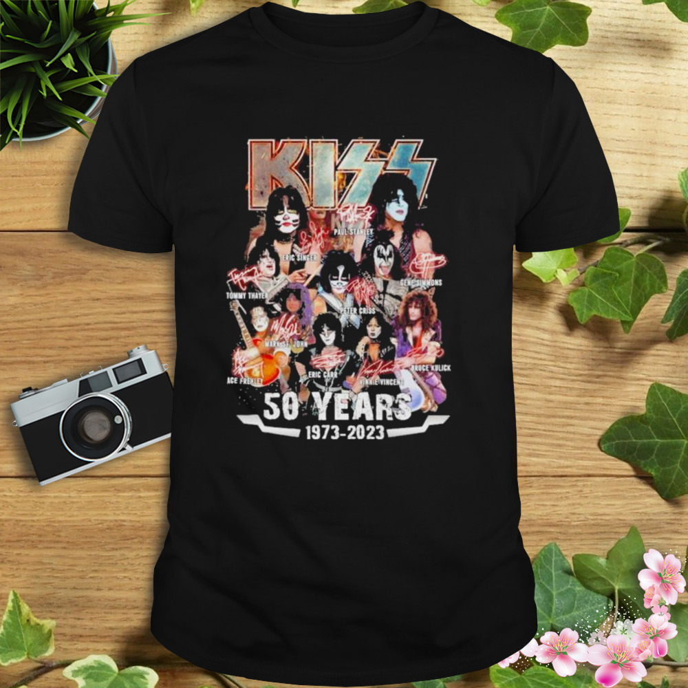 Kiss band 50 years of 1973 2023 thank you fans signatures shirt